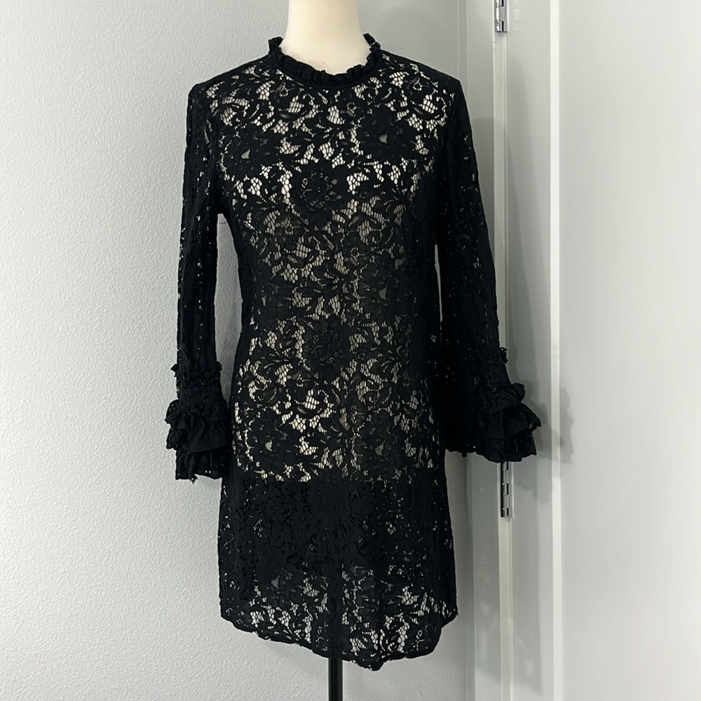 Who What Wear Medium Black Lace Sheer Long Ruffle Sleeve High Neck Dress - Picture 2 of 10